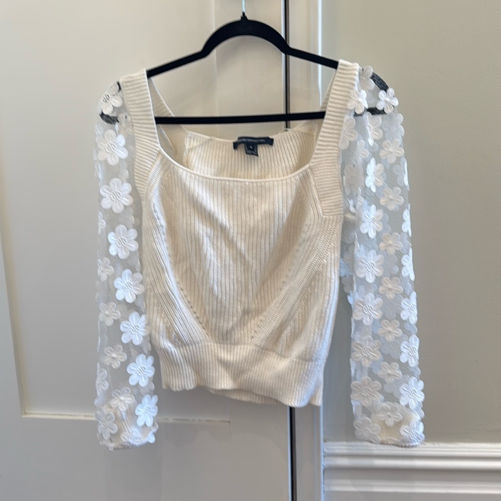 FRENCH CONNECTION Juliet Mozart Lace Sleeve Sweater Cropped Square Neck Size M